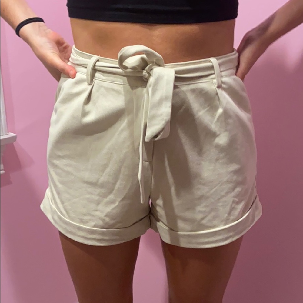 suede cream tie shorts